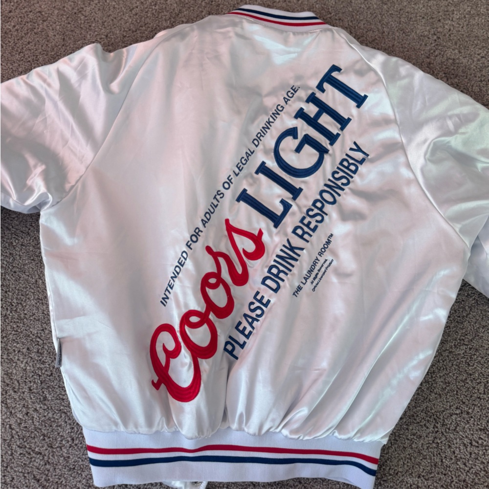 The Laundry Room White Bomber Jacket with Red & Navy Coors Light Script - Picture 7 of 7